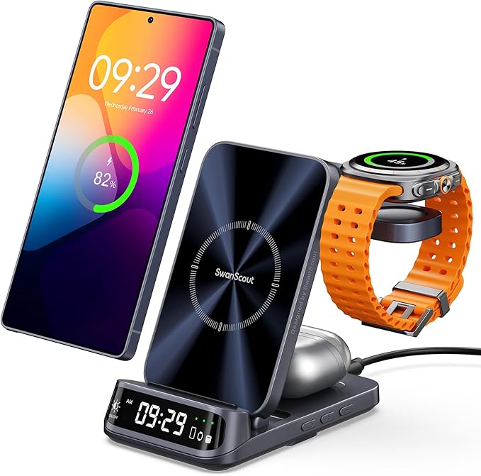 SwanScout 3-in-1 Magnetic Wireless Charging Station with Digital Clock (708SM)